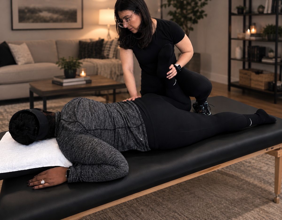 Tori guiding a client through an assisted side-lying hip stretch on a stretch table in a living room