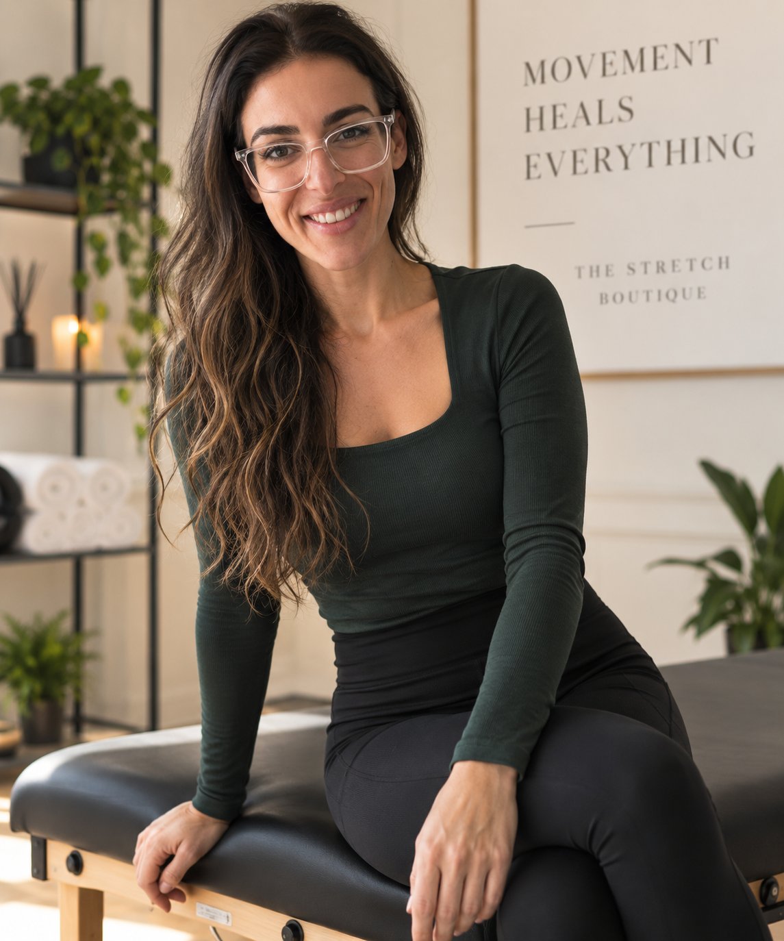 Tori Moskowitz, stretch therapist and founder of The Stretch Boutique, smiling and seated on a stretch table