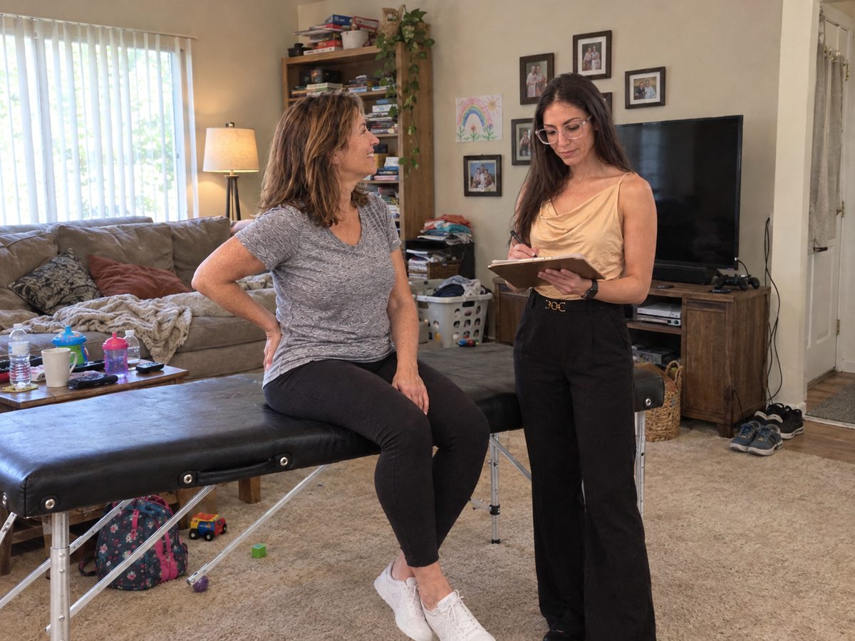 Tori listening to a client and taking notes beside a stretch table in a living room